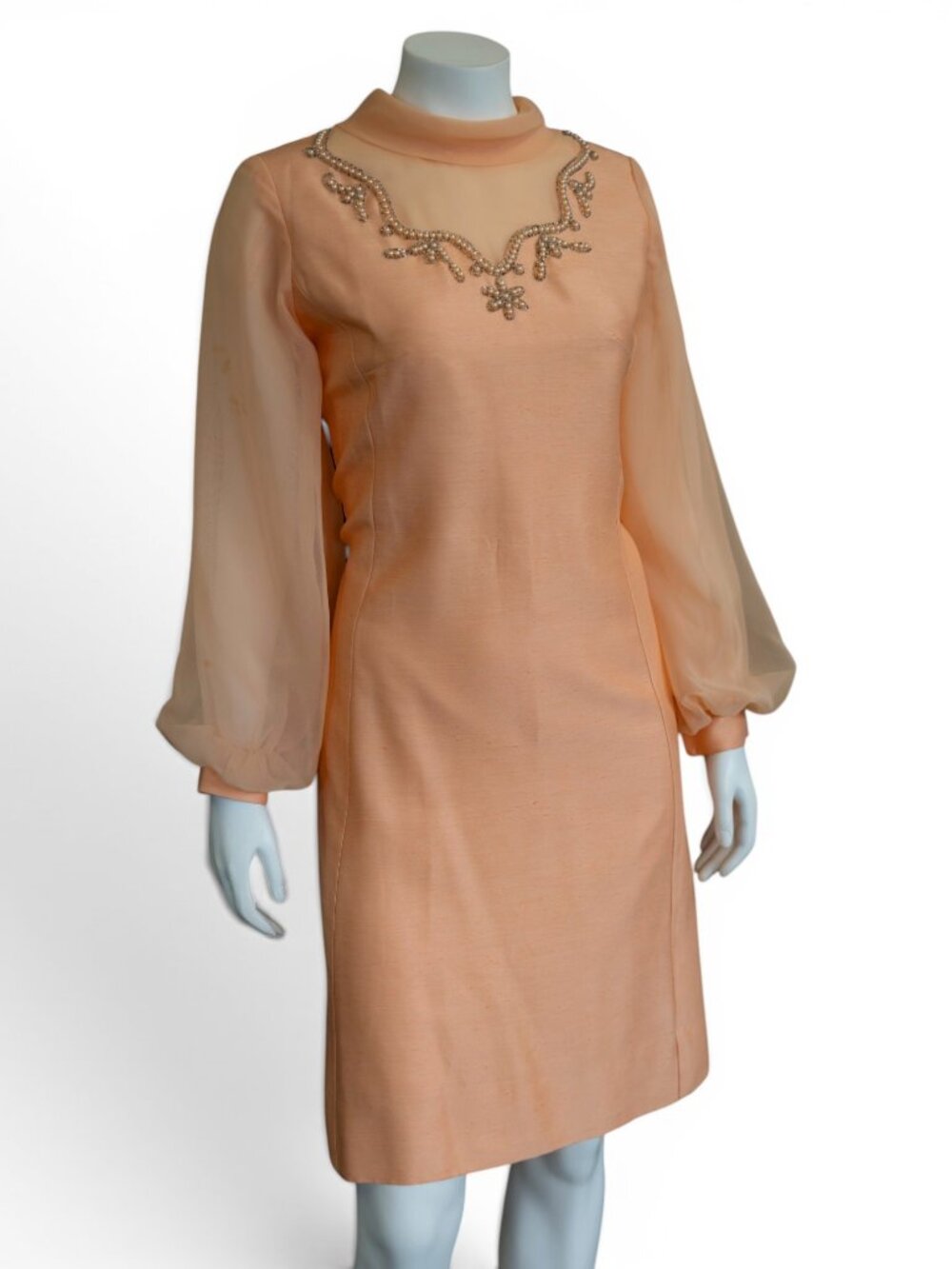 Vintage 1960s Peach Beaded Cocktail Dress | Sheer Chiffon Sleeves w/Bow Back